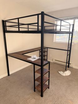 Metal Loft Bed Frame with Desk and Shelves