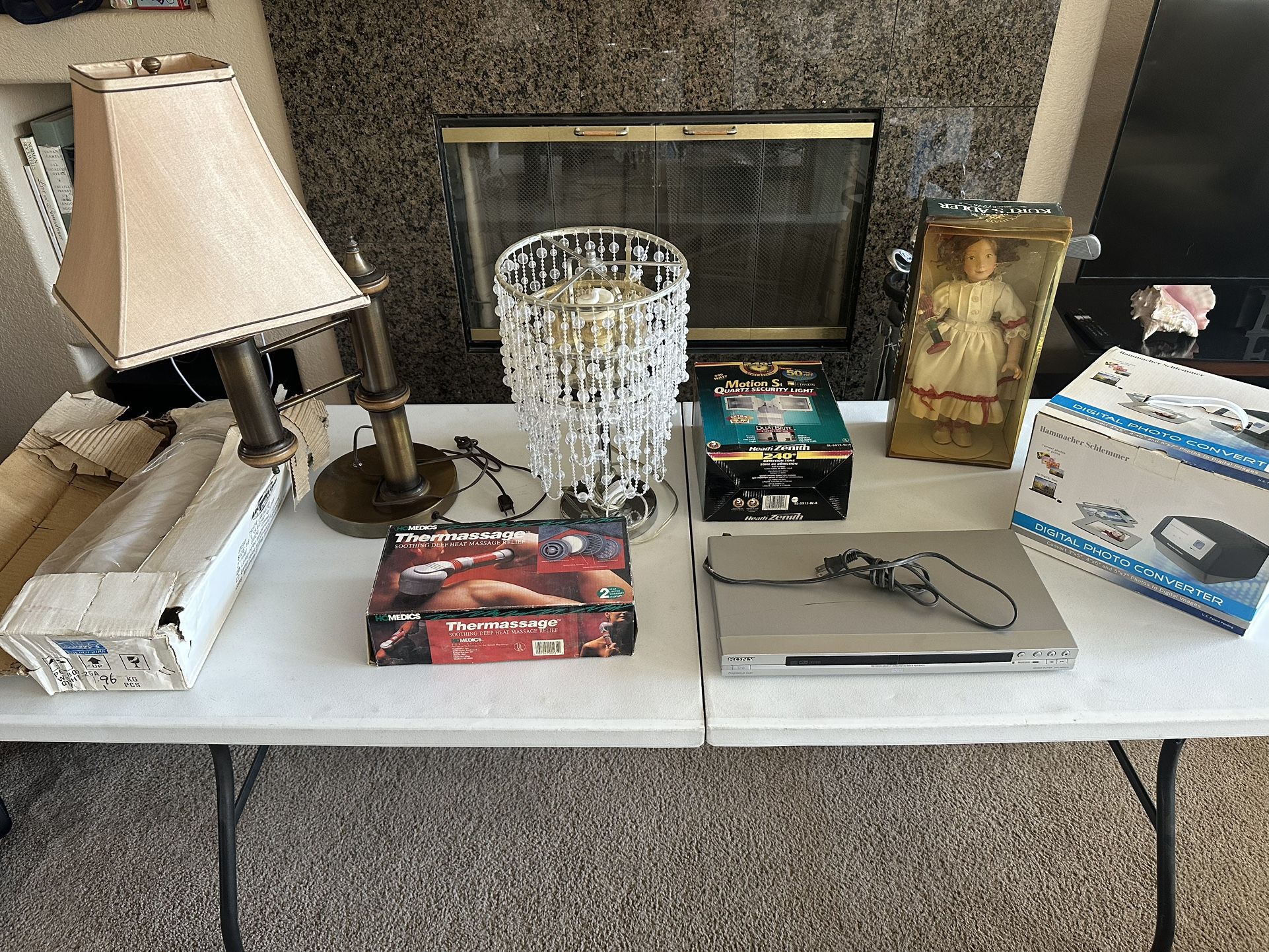 Miscellaneous lot of household items, lamps, massager, doll, All for $30! Garage sale Lot