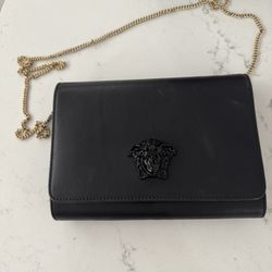VERSACE Palazzo Medusa black calf leather flap shoulder chain clutch bag