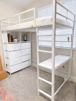 White Twin Loft Bed with Desk & Storage
