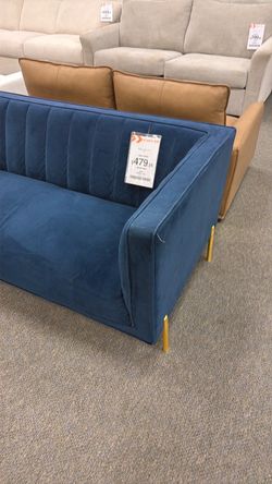 Blue Velvet Sofa with Gold Legs