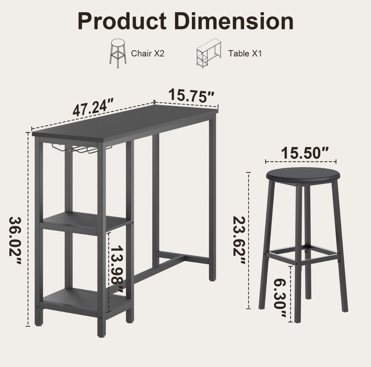 Table for 2 with 2 Storage Shelves & Wine Glass Holder, Dining Table for Small Apartment