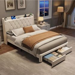 Full Size Bed Frame with Storage, Velvet Upholstered Platform Bed Frame with Crystal Tufted Headboard, Charging Station, 2 Drawers, No Box Spring Need