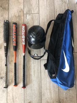 Baseball bag, helmet (cage), 3 baseball bats