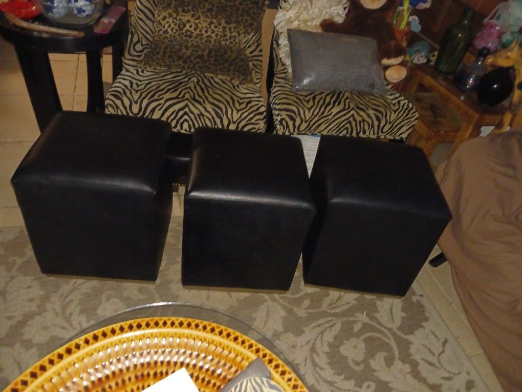 New 3pc Set Stools Seats Ottomans Black Leather Gold Trim 40 All3 Firm