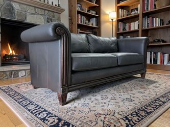 Elegant Dark Charcoal Leather Sofa – Classic Scroll Arm Design