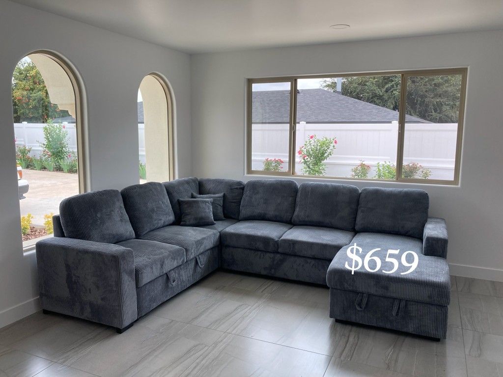 Stylish Dark Gray 4-Pc Convertible Sectional Sofa W/Sleeper Sofa, Chaise Storage, Sofa Storage, & USB Port