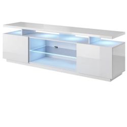 Modern White TV Stand with Glass Shelf – Sleek Minimalist Entertainment Center
