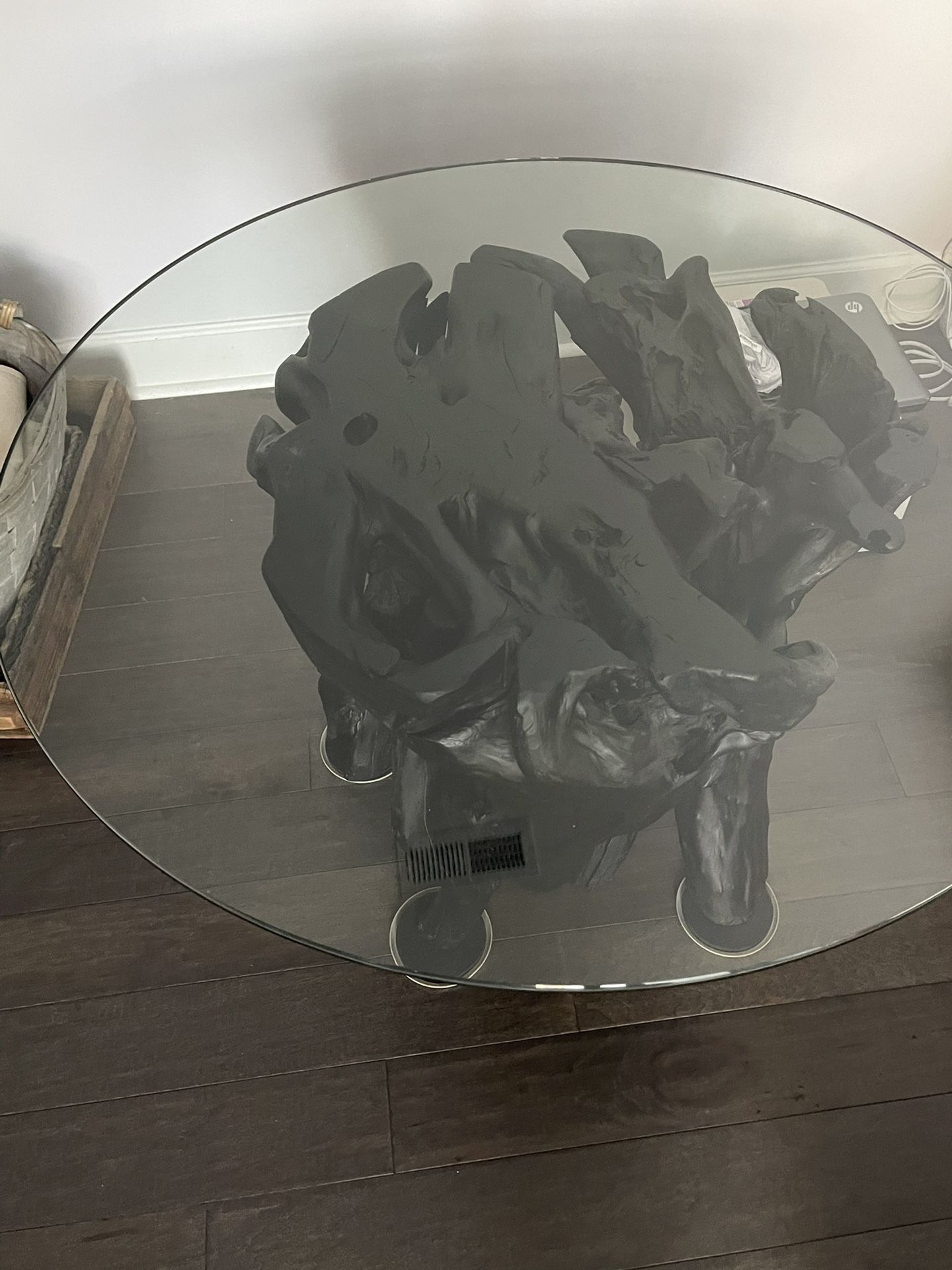 Burnt Wood Round Glass Table