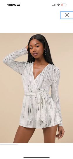 White Metallic Long Sleeve Romper