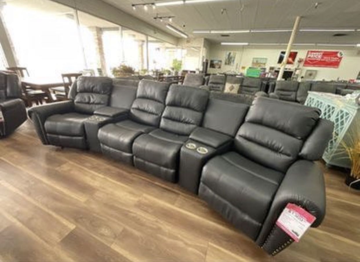 Reclining Theatre Sectional Sofa Couch Black Leather 