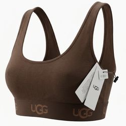 UGG Bralette Brown XXS Stretch Wireless Logo Wide Strap NWT