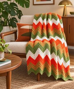 Vintage Crocheted Chevron Afghan Blanket