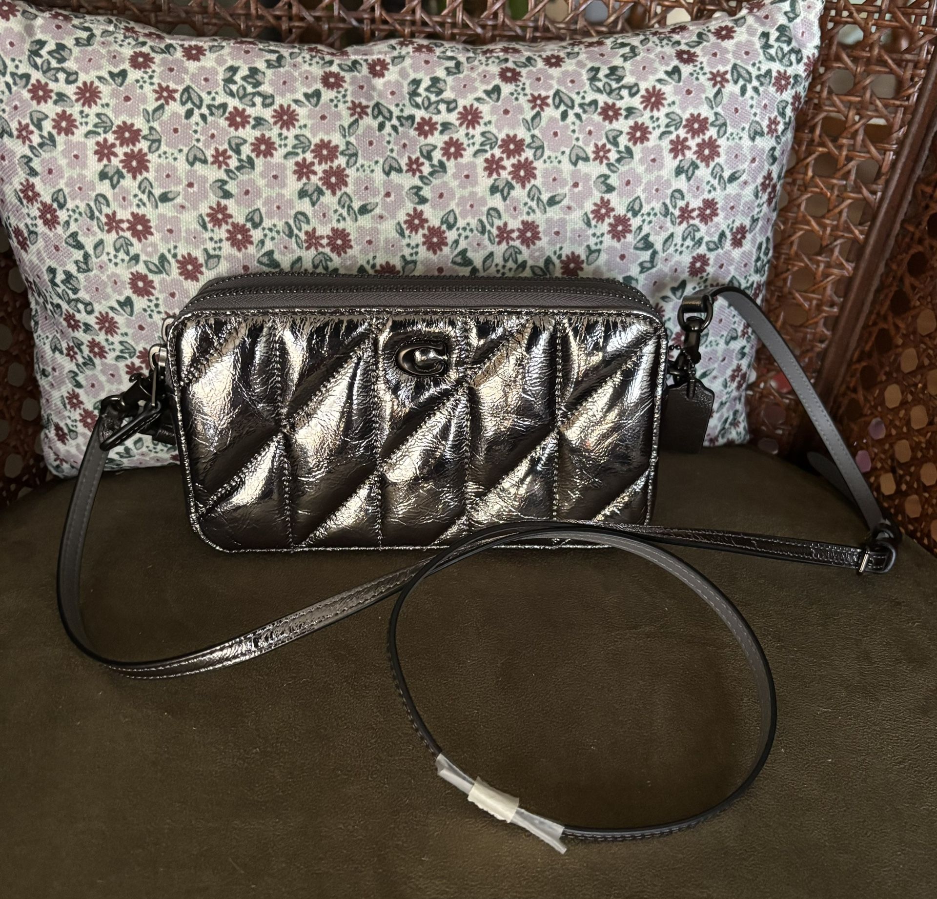 Coach Kira Quilted Crossbody In V5 Anthracite Metallic Silver Leather Bag CW573