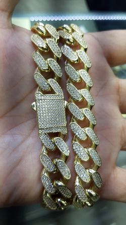 14k gold Cuban link chain cz stones 15mm 26 inch 96.7