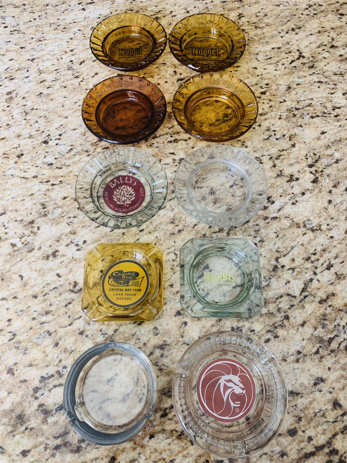 Lot of 10 Different Vintage Antique Glass Casino Advertising Ashtrays