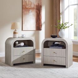 Fluted Nightstand Set of 2 with USB Charging, 24" End Tables with 2 Drawers, Rounded Corners, Modern Storage for Bedroom or Living Room, White Alder  