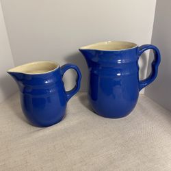 MCM Oxford Stoneware Blue Pitcher Duo Vintage 1940s blue pottery home decor SET