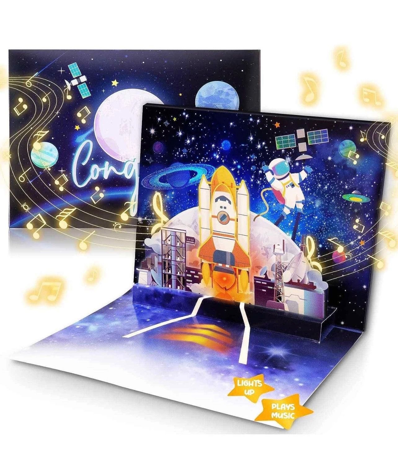 Musical Congrats Card w 6 LED Lights, Rocket Blast, 3D Pop-Up Greeting Card w Handcrafted Design & Envelope Included