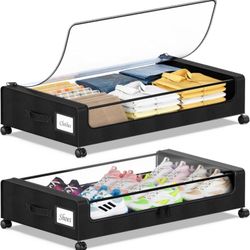 Under Bed Storage with Wheels, 2 Pack Under Bed Storage Containers with Clear Lids & Zippers,