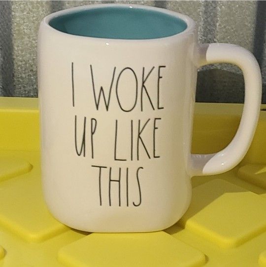 Rae dunn I woke up like this blue inside