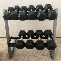 Rubber Hex Dumbbells w/ Rack 10-30lbs