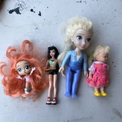 Title: Lot of 4 Mini Dolls – Zuru Itty Bitty Pretty, Jakks Pacific Elsa, 2004 McDonald’s Beach Party, Vintage “Paula” Doll – Used  Description: This l