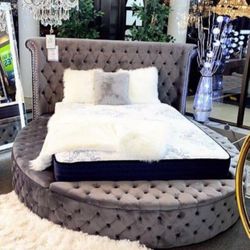 Round Queen Gray Velvet Bed With Storage 💥 Brand New✅ Color Options🌈