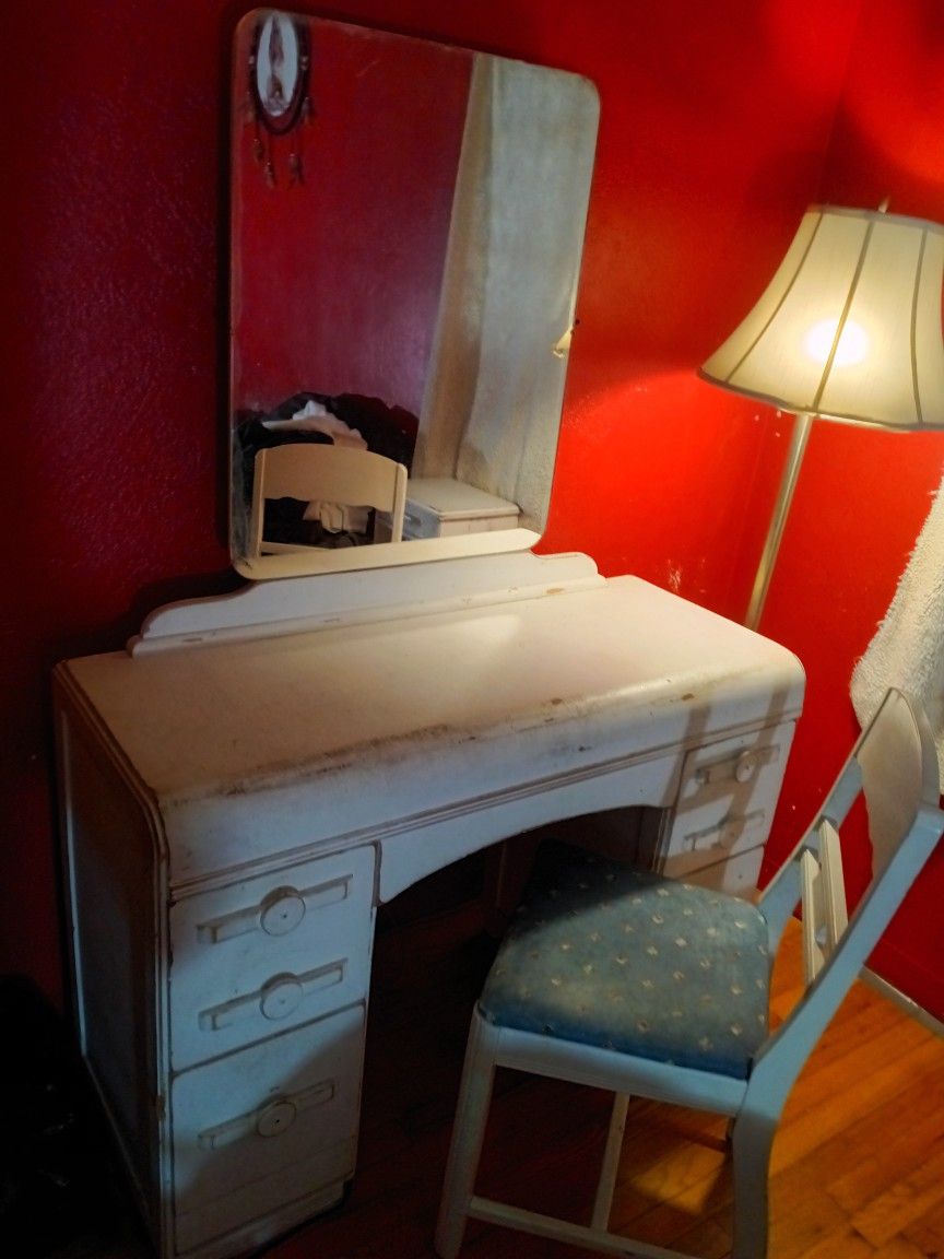 Vintage Vanity w/ Mirror and Chair + Side Table