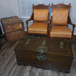 Antique platform rocking and arm chair orange tapestry