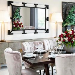 New 36” x 48” Large Black Decorative Wall Mirror, Modern Tempered Glass Vanity Mirror with Acrylic & Metal Frame, HD No-Distortion, Horizontal/Vertica