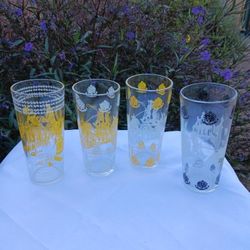 4 TUMBLERS WITH DIFFERENT SCENES OF HORSES,  WOMEN,  MEN. CARRIAGES 