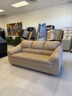 Tan Leather Sofa– 3 Seat – Great Condition/Repaired Tear - $400 OBO