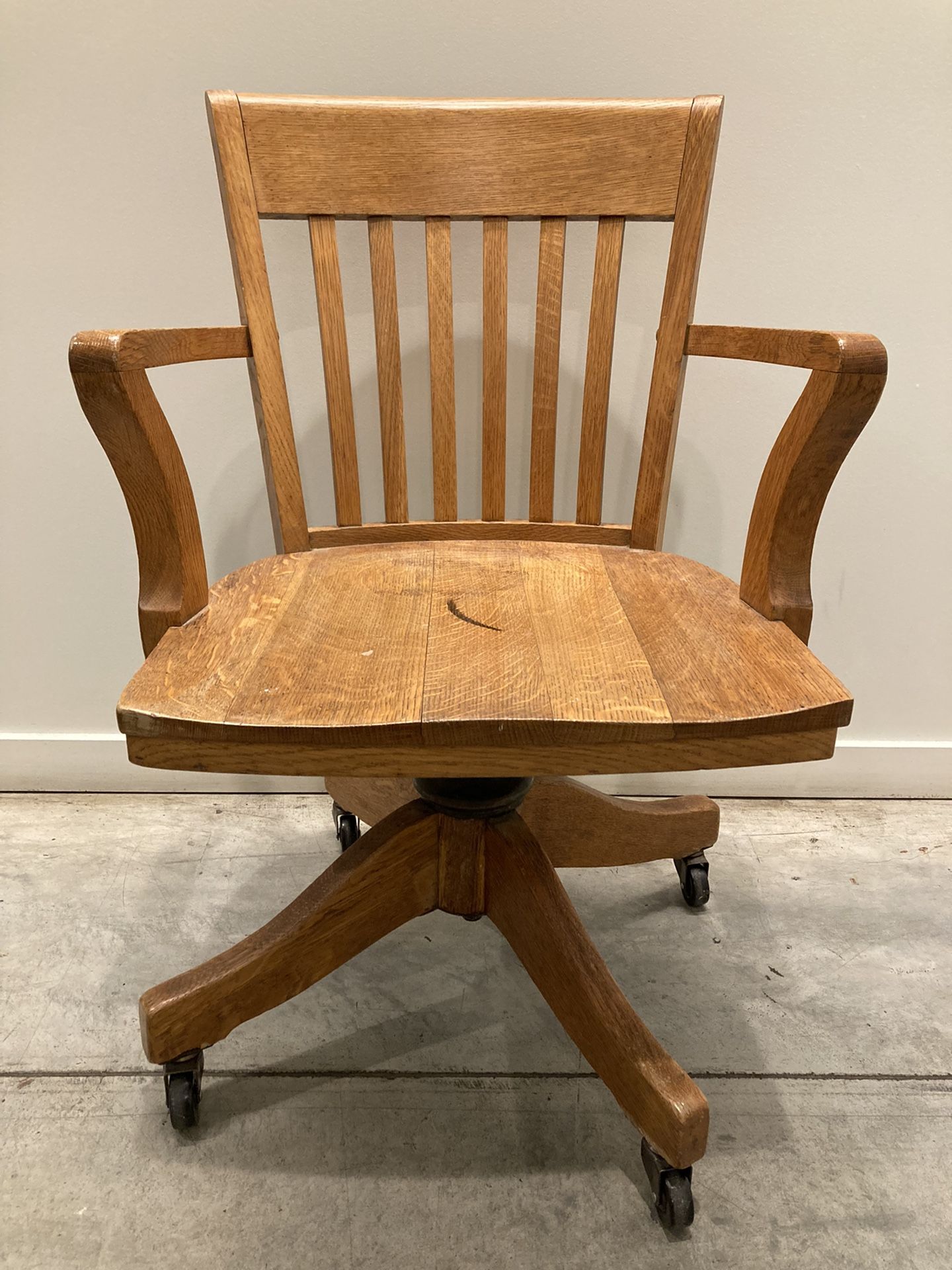 Antique Johnson Solid Oak Bankers Chair Revolving Tilt Vintage 