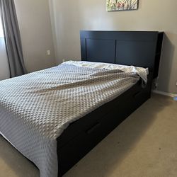 Ikea BRIMNES Bed frame with storage & headboard, black/Luröy, Queen