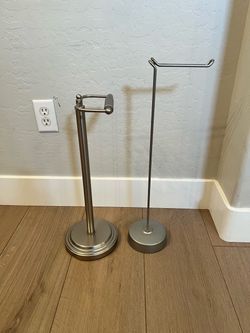 TWO Brushed Nickel Silver Freestanding Toilet Paper Stand- 24” Tall and 22” Tall
