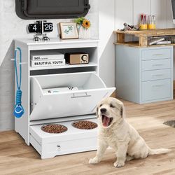 Pet Feeder Station, Dog Food Storage Container with Double Pull Out Dog Bowls, Pet Food Toy Organizer Cabinet, Pet Feeding Station Furniture for Dogs 