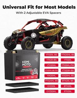 KEMIMOTO Lithium Motorcycle Battery YTX20L-BS/YTX24HL-BS LiFePO4 Lithium Battery 12v 12Ah, Pre-Charged Powersports Battery, with 2 Universal-Fit EVA S