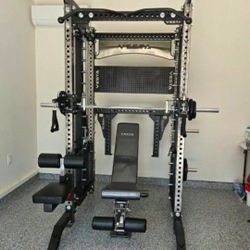 NEW Squat Rack Smith Machine Functional Trainer Cable Cross Over  Adjustable Bench Press 45lb Barbell Bumper Plates Home Gym 