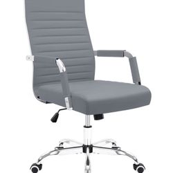 Ribbed Office Desk Chair Mid-Back PU Leather Executive Conference Task Chair Adjustable Swivel Chair with Arms (Grey) Amazon's Choice 