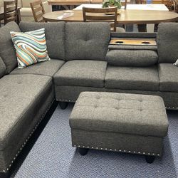 Sectional With Drop Cup Holder And Storage Ottoman 