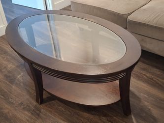 Oval Wood & Glass Coffee Table with Lower Shelf