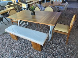 70.9" Farmhouse Dining Set, Modern Rectangular Oak Top Set With 4 Rattan Chairs & Bench 🌱