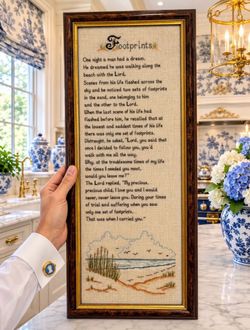 Original Vintage Fine Art Embroidery Cross Stitch Footprints In The Sand Poem 27” Picture QUALITY Framed Burl Solid Wood Antique Decor Decorator Desig
