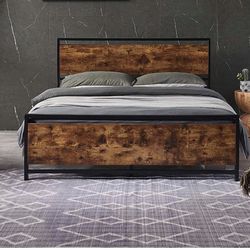 TMEOSK Queen Metal Platform Bed Frame with Wooden Headboard and Footboard