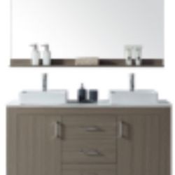 ***BRAND NEW*** OPEN BOX*** 60 inch width Double Vanity in Grey Oak with Stone Vanity Top