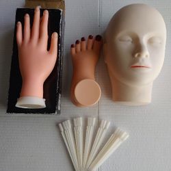 Practice Mannequin Manikin  Set for Makeup Eyelashes Nails (Head,foot, Hand, nail Sticks)
