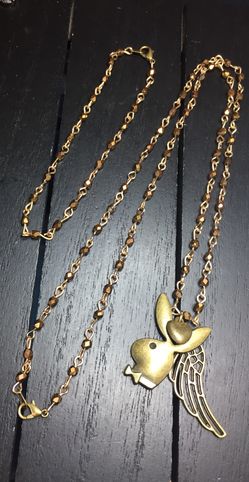 22” Brass/Austrian Opaque Acrylic Necklace with Playboy, Heart, Wing Charms and Matching 8” Bracelet/ Set