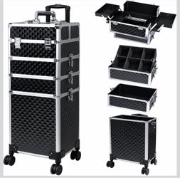 4-In-1 360°Rotaing Rolling Makeup Train Case with Trolley/Drawer Aluminum Professional Cosmetic Organizer Cart for Cosmetology, Hairstylist & Nail Art