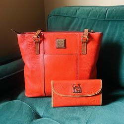 Dooney & Bourke Pebble Grain Leather Small Lexington Tote In Clemintine Orange With Matching Wallet 